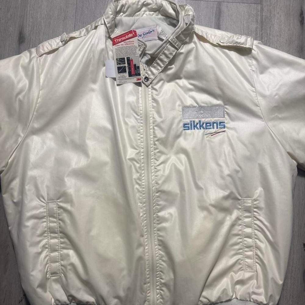 Vintage 1980s Akzo Sikkens 3M Bomber Jacket NWT • white satin • Rare work wear‎